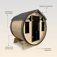 Outdoor 3-4 Person Pine Wood Dry Wet Barrel Sauna with Heater and Roof — Feature Infographic
