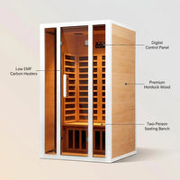 2 Person Extendable FAR Infrared Sauna for Home, Hemlock Wood Low EMF 6 Carbon Heaters Indoor Saunas with LED Lights, Bluetooth Speaker, Digital Control Panel, and Seating Bench — Feature Infographic