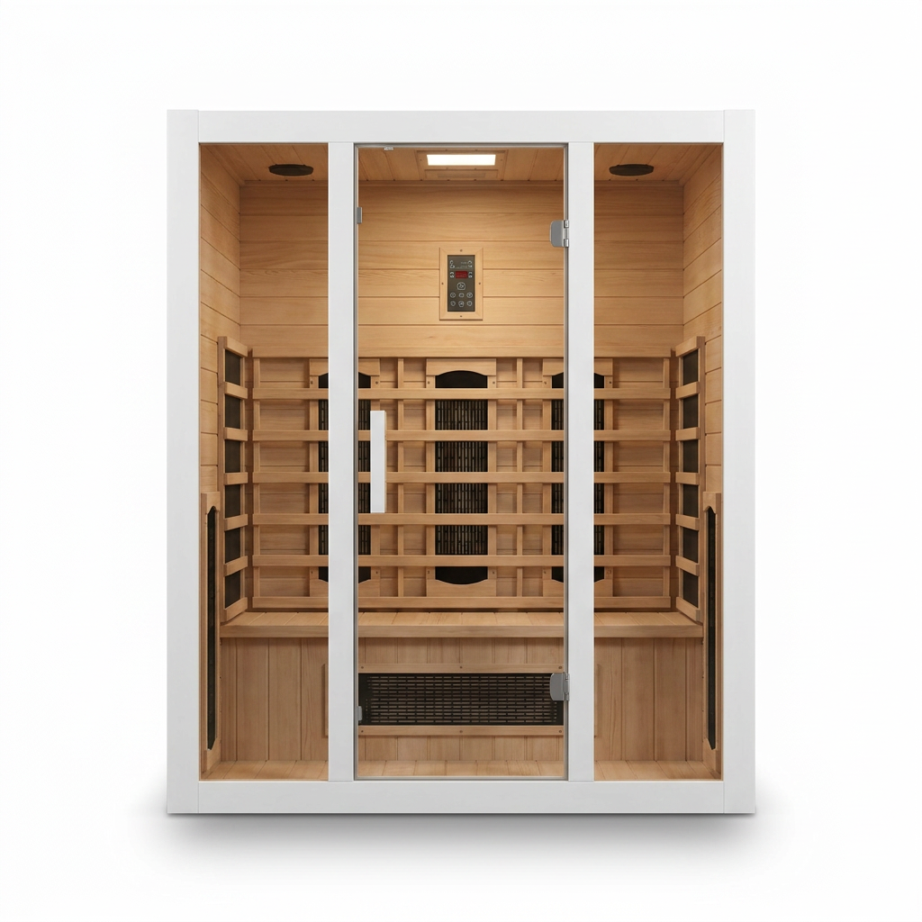 2 Person Extendable FAR Infrared Sauna for Home, Hemlock Wood Low EMF 6 Carbon Heaters Indoor Saunas with LED Lights, Bluetooth Speaker, Digital Control Panel, and Seating Bench — Studio Shot