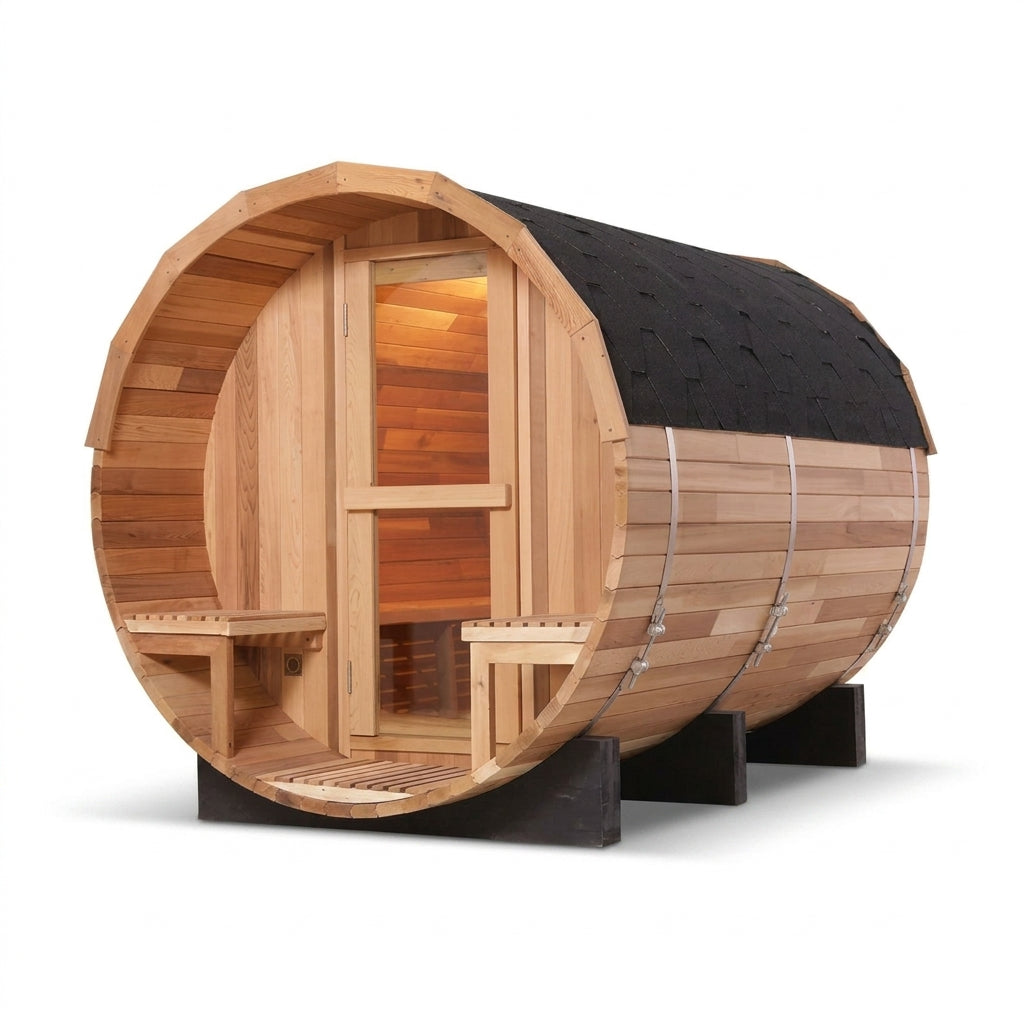 6-Person Patchworkred Cedar Traditional Steam Barrel Sauna — Studio Shot