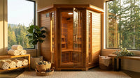 4-Person Cedar Corner Infrared Sauna with 10 Carbon Heaters — Lifestyle